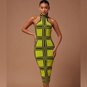 Fashion Nova Checkered Bodycon Midi Dress - Lime/Chartreuse and Black | Size M
